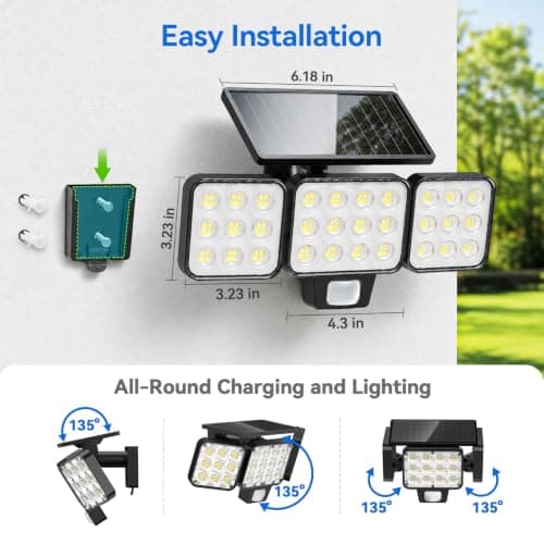 TuyLuxe Solar Flood Lights, 3500LM Motion Sensor Outdoor Lights with Remote | 180° Solar Motion Lights Outdoor,Convex Lens,Glass Panel,IP65 Waterproof Security Lights for Yard Patio Garage, 2 Pack Black view 5