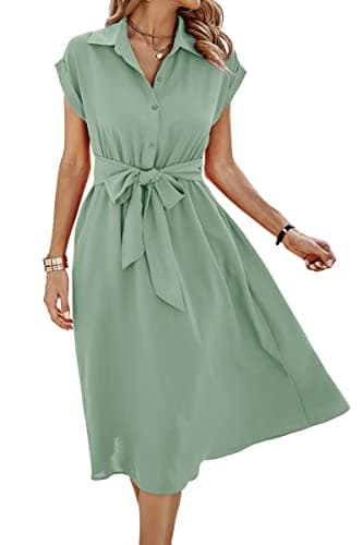 ECOWISH Womens Casual Midi Dresses Solid V Neck Short Sleeve Button Shirt Belted Dress with Pockets for Spring Summer 2026 A-Light Green S