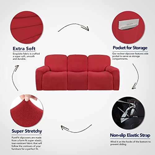 PureFit Super Stretch 3 Seats Recliner Sofa Couch Cover with Pocket – Non Slip Soft Sofa Slipcover, Washable Spandex Reclining Furniture Protector for Kids, Pets (Recliner Sofa, Red) view 4