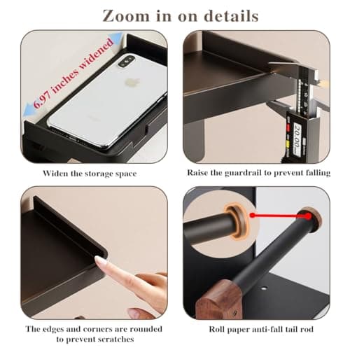 Bathroom Black Toilet Paper with Tissue Box Holder - Wall Mount Wooden Extension Rod with Widening Groove Bracket Aluminum Alloy Groove Rack for Paper Towel Holder and Wipes view 4