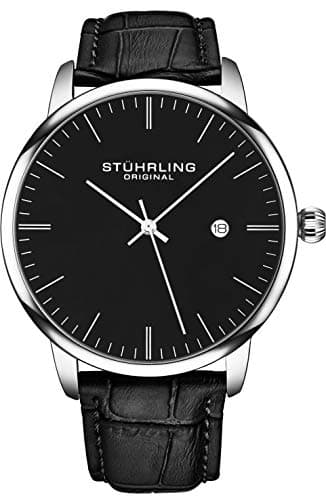 Stuhrling Original Men’s Watch Black Dial Dress Watch 40mm, Ultra Slim Mens Watch Black Leather Strap, Quartz Analog Men’s Wrist Watch, Classic Minimalist Watch for Men