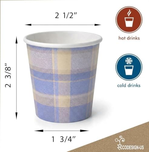 ECODESIGN-US 100 Pack Disposable Coffee Cups - 4 Oz Espresso - Plaid Lavender Paper Cups for Home Office or Party view 3
