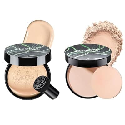 Mushroom Head Air Cushion CC Cream with Setting Powder Makeup Set, Blurs Fine Lines & Imperfections, Controls Shine & Smooths Complexion, Even Skin Tone for All Skin Types for Women (Natural)