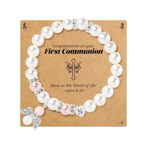 BAYLAY First Communion Gifts for Girls, First Communion Bracelet for Girls, Angel Wings Heart Letter Initial Pearl Bracelet, First Communion Gifts for Girls Catholic, Teen Girls First Communion Gifts — image 1