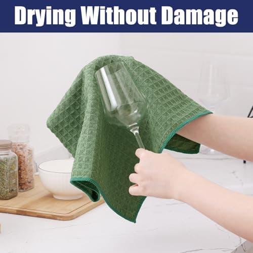 Homaxy Microfiber Waffle Weave Kitchen Towels Set, 16 x 28 Inch and 12 x 12 Inch Ultra Absorbent and Solid Color Dish Towels, 8 Pack, Grass Green view 5