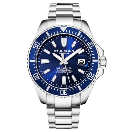 Stuhrling Original Men's Watches Pro Dive Watch Sports Watch with 42 MM Case Blue Dial Stainless Steel Silver Bracelet Diving Watch for Men (Blue)