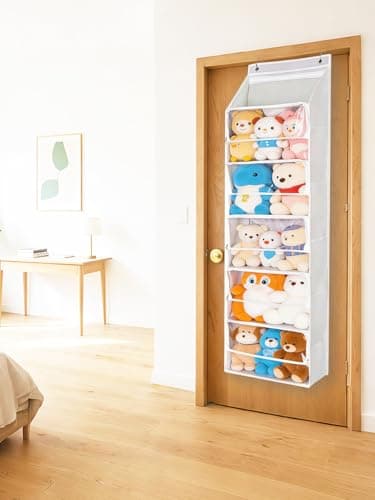 Over Door Stuffed Animal Storage, Zipper Closure Hanging Toy Organizer, Nylon Behind Door Organization, Clear Window Bathroom/Bedroom/Closet Holder Bag for Nursery Dorm Room Plush, 1Pack, 5 Tier，Beige view 2