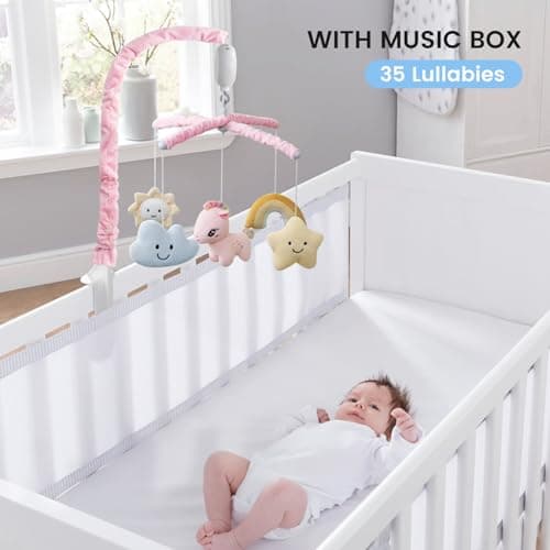 Feisike Crib Mobile for Girls - Baby Mobile for Crib with 35 Lullabies, 3 Modes Digital Musical Box（Turn Only, Music Only, Turn & Music, Pink, Nursery Toys, Nursery Decor, Knob Type view 3