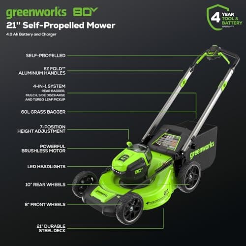 Greenworks 80V 21" Self-Propelled Cordless Lawn Mower – Brushless Motor, LED Lights, 4.0Ah Battery & Rapid Charger (75+ Compatible Tools) view 2