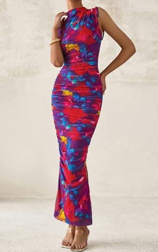 PRETTYGARDEN Women's Summer Maxi Floral Dresses Ruched Bodycon Sleeveless Mesh Formal Wedding Guest Cocktail Split Long Dress view 4