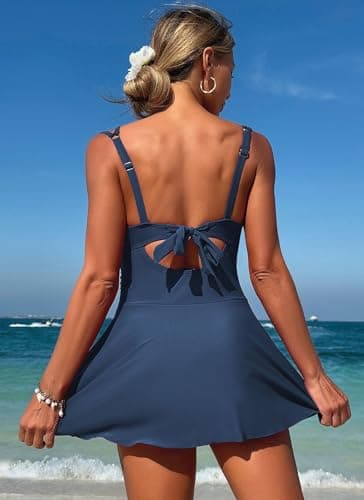 ZAFUL One Piece Swim Dress Swimsuits for Women Scallop Tummy Control Swimdress Tie Knot Swim Skirt Swimwear Bathing Suit view 2