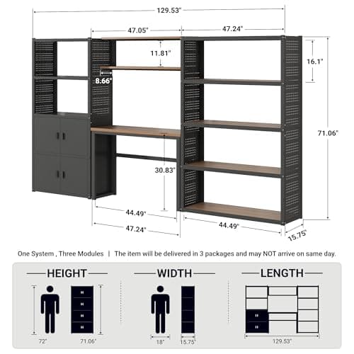 FLEXIMOUNTS Garage Storage Cabinet System, 3-in-1 Modular Metal Tool Cabinet w/ Workbench and Particle Board Shelf Includes Pegboard, 24-Gauge Steel, 129"(L) w/ 2 Doors, Black, FLEXIMOD Series view 2