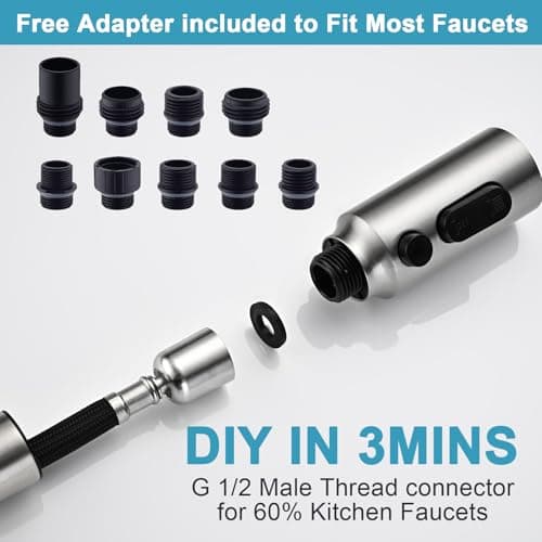 Metal Kitchen Faucet Head Replacement, 3-Function Pull Down Spray Head for Kitchen Faucet, High Pressure Sink Spray Nozzle with 9 Adapters Compatible with Most Faucets, Brushed Nickel view 6