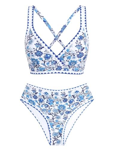 ZAFUL Womens High Waisted Bikini Sets Floral Print Whip Stitch 2 Piece Swimsuits V-Neck Crisscross Tie Back Bathing Suit view 6