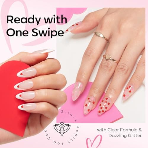 modelones Heart Glitter Gel Top Coat, 15 ML 2 in One No Wipe Clear Gel Nail Polish Red Pink Color Reflective Hearts Sequins Glossy Shine Long Lasting Soak Off Manicure Gift for Women view 6