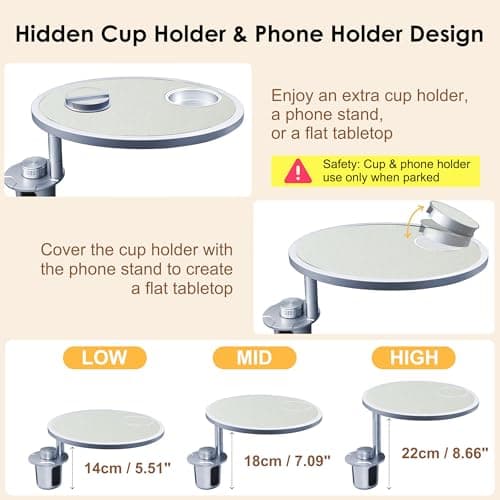 Car Food Tray & Car Table Tray with Car-Grade Aluminum Cup Holder & Phone Stand, Premium Wood with Leather Surface, 360° Rotating Car Desk for Laptop &Eating (Round, White) view 5