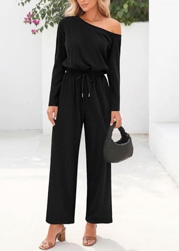 Lazysmile Jumpsuits For Women Dressy Long Sleeve Off Shoulder One Piece Wide Legs Rompers Casual Fall Outfits with Pockets view 6