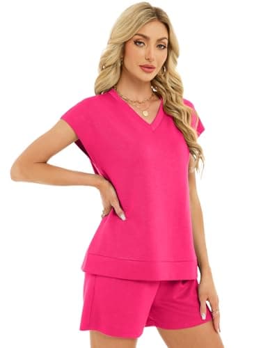 YOKGO Two Piece Sets for Women Summer V Neck Short Set Vacation Lounge Cap Sleeve Drawstring Sweatsuit with Pocket view 4
