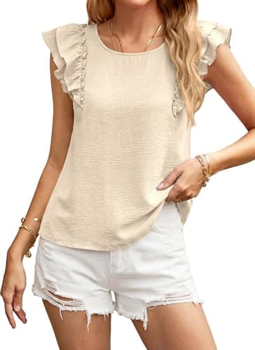 Okiwam Womens Ruffle Short Sleeve Summer Tops Bow Tie Back Blouse Round Neck Cute Babydoll Shirts Summer 2026 Fashion view 6