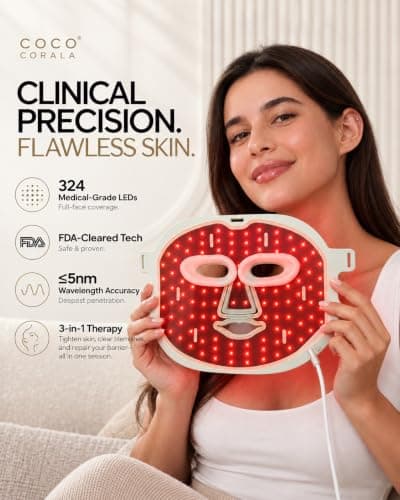 Coco Coralia Red Light Therapy Mask for Face, FDA Cleared 324LEDs | NIR+Red Light for Wrinkles, Anti Fine lines, Collagen Boost, Blue light for Acne, Skin Tightening & Evenness, 3 Modes view 2