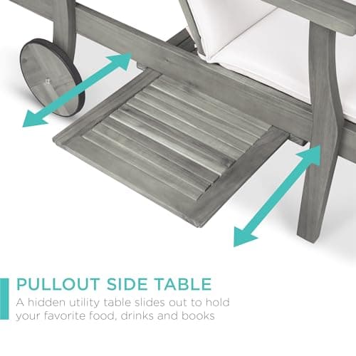 Best Choice Products 79x26in Acacia Wood Chaise Lounge Chair Recliner, Outdoor Furniture for Patio, Poolside w/Slide-Out Side Table, Foam-Padded Cushion, Adjustable Backrest, Wheels - Gray/Cream view 6