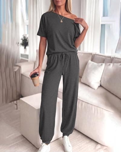 Zenlonr Women Summer 2 Piece Outfits 2026 Off Shoulder Short Sleeve Tops Elastic Waist Drawstring Long Pants Tracksuit view 6