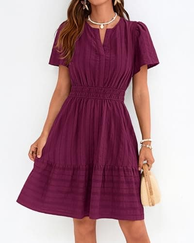 BTFBM Womens Spring 2026 Casual Mini Dresses Lightweight Short Sleeve V Neck Elastic Waist Cute Boho Beach Dress Pockets view 6