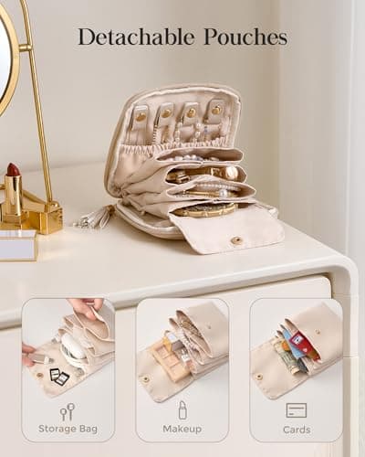 Lolalet Travel Jewelry Case Organizer, Small Jewellery Pouch with Compartments for Storage, Soft Velvet Bag for Traveling Women, Packing for Necklaces, Earrings, Bracelets, Mothers Day Gifts -Oatmeal view 5