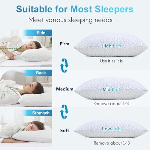 QUTOOL Cooling Pillow for Sleeping, CertiPUR-US Shredded Memory Foam Queen Pillows Set of 2, Cool Pillow for Hot Sleepers Adjustable Firm Pillow for Side, Back, Stomach Sleepers Soft Yet Support,White view 6