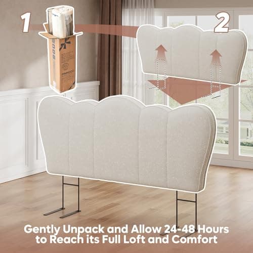 Pinmoco Queen Headboard Upholstered Beige Scalloped Padded Bed Backboard, Modern Wall Mounted Luxury Headboard for Queen Bedroom view 3