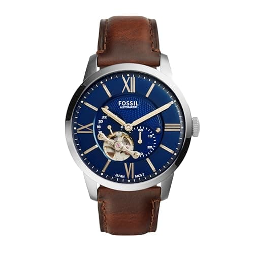 Fossil Men's Watch, Townsman Automatic Stainless Steel and Leather Two-Hand Skeleton Watch for Men, Color: Silver, Brown