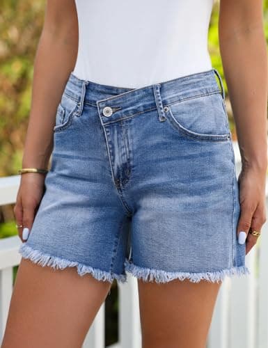 luvamia Jean Shorts for Women Mid Rise Trendy Stretchy Crossover Waist Denim Shorts Raw Hem Casual Summer Pockets view 2