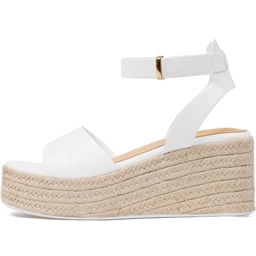 COMFITORIA Wedge Sandals for Women Espadrille Platform Wedge Heels Adjustable Strap Braided Sandal Summer Open Toe Vacation Slip-On Sandals Bohemia Beach Comfortable Dressy Shoes,(White, Size 9)
