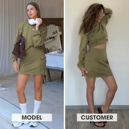 EXLURA Women Two Piece Set Cotton Sweatsuit Travel Airport Outfits 2026 Tracksuit Hooded Sweatshirt Cargo Skort Skirt Pockets view 3