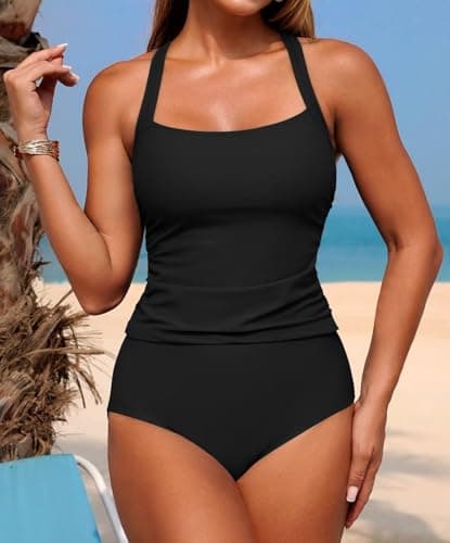 ZAFUL Women's Tankini Swimsuits Tummy Control Swimwear Two Piece Bathing Suits Swim Top with High Waisted Bottom view 2