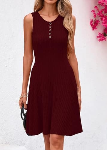 Lazysmile Summer Sleeveless Dresses for Women Crewneck Button Down Ribbed Knit A Line Casual Short Dress view 3