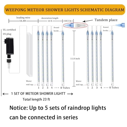 Weepong Meteor Shower Lights Outdoor Christmas Lights UL Certified Falling Rain Drop Snowfall Icicle Cascading String Light for Xmas Holiday Tree Wedding Party Garden Decor Blue, 12 Inch 8 Tubes view 3