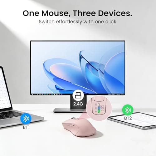 CITLLA Wireless Bluetooth Mouse (USB + BT1 + BT2), Full Size Mouse, 4-Way Scrolling, Multi-Device Silent for Computer, Laptop, iPad, MacBook (Pink) view 4