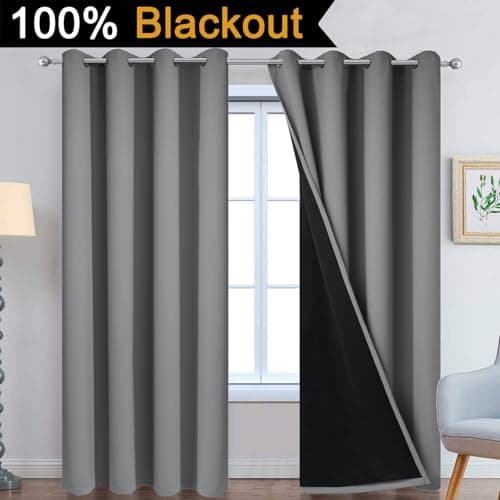 Yakamok 100% Blackout Curtains 84 Inches Long, 2 Thick Layers Heat and Full Light Blocking Soft Thermal Insulated Drapes for Bedroom(52" Wide Each Panel, Grey, 2 Panels) view 3