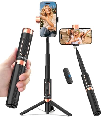 Kinwald Selfie Stick Tripod for iPhone & Android – Portable Phone Tripod Stand with Bluetooth Remote, One-Click Open, Compact & Lightweight for Vlogging, Travel & Everyday Use (Black)