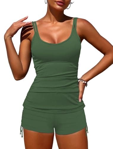 ZAFUL Women's V-Wire Tankini Swimsuits Tummy Control Ruched Top Two Piece Bathing Suits with High Waisted Shorts view 1