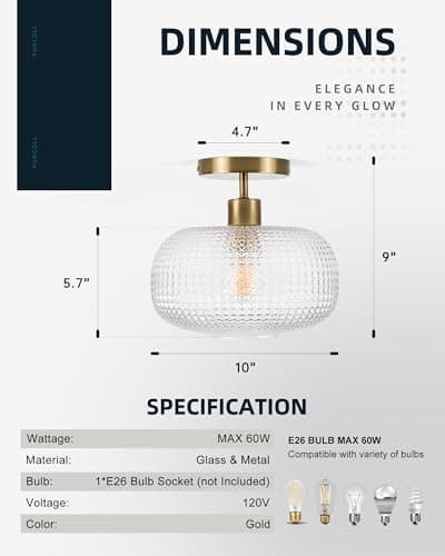 puncoll Gold Semi Flush Mount Ceiling Light Fixture - Hallway Light Fixtures Ceiling Mount - Glass Close to Ceiling Lighting for Bathroom Entryway Bedroom, C2503-BG view 6