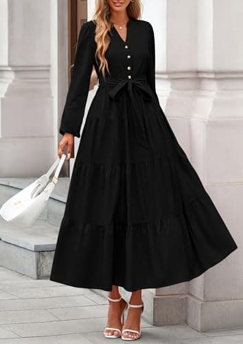 PRETTYGARDEN Maxi Dresses for Women Spring Long Sleeve V Neck Belted A Line Flowy Boho Wedding Guest Dress Pockets view 4