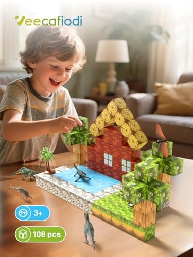 Magnetic Blocks, 108PCS Magnetic Building Block with 6 Dinosaur Toys for Kids, Toddler Stacking STEM Toys for Boys & Girls 3-5 4-8 5-7 Year Old, Sensory Birthday Gift for Age 3+ Kids view 6