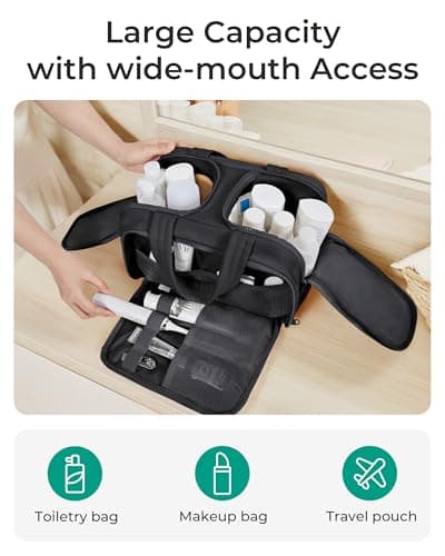 BAGSMART Travel Toiletry Bag, Lightweight Large Wide-open Travel Bag for Women, Puffy Cosmetic Makeup Bag Organizer with Handle for Accessories,Essentials, Toiletries, Black view 3