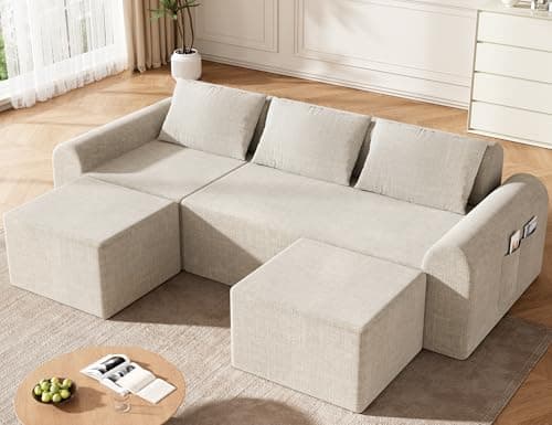 Decofy Cloud Boneless Sectional Sofa for Living Room, 3-Seater Modular Couch for Small Apartments with 2 Ottomans, Deep Seat Chenille Fabric Sofa, No Assembly Required, 72H Full Restore, Beige