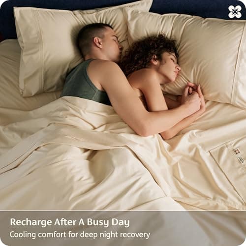 Bedsure Bamboo Viscose Cooling Sheets, Rayon Cotton Serene Blend, PureWoven, Breathable & Buttery Soft Queen Size Bed Set,Deep Pocket Up to 18", Hotel Luxury Bedding for Hot Sleepers, Beige view 6