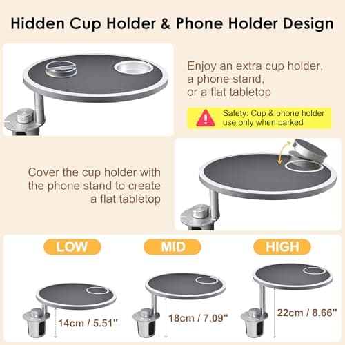 Car Food Tray & Car Table Tray with Car-Grade Aluminum Cup Holder & Phone Stand, Premium Wood with Leather Surface, 360° Rotating Car Desk for Laptop &Eating (Round, Black) view 5