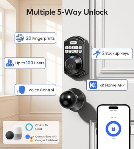 TEEHO TE012W-K WiFi Smart Keyless Entry Door Lock with Handle, Fingerprint Door Knob & Digital Keypad, APP Remote Control, Works with Alexa & Google, Electronic Deadbolt for Front Door, Matte Black view 4