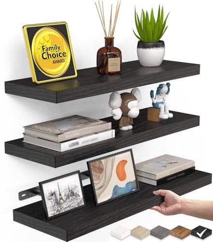 BAYKA Floating Shelves for Wall, Wall Mounted Rustic Wood Shelves for Bathroom, Bedroom, Living Room, Kitchen, Hanging Shelf for Books/Storage/Room Decor with 22lbs Capacity (Black, Set of 3, 15.7in) view 1